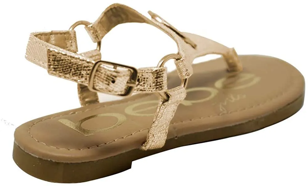 bebe Girls Big Kid Shimmery Thong Slide Sandal with Adjustable Back Strap - Fashion Summer Flat Shoes