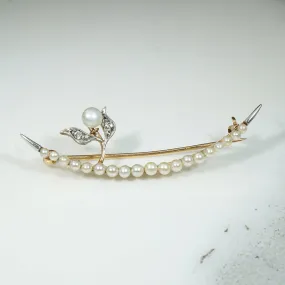 Crescent Moon Brooch with Pearl & Diamond Sprig