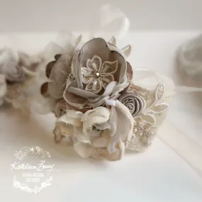 Lace wrist corsage - Oyster taupe pebble wedding accessories - Mother of the Bride - Bridesmaid - Prom - Matric dance