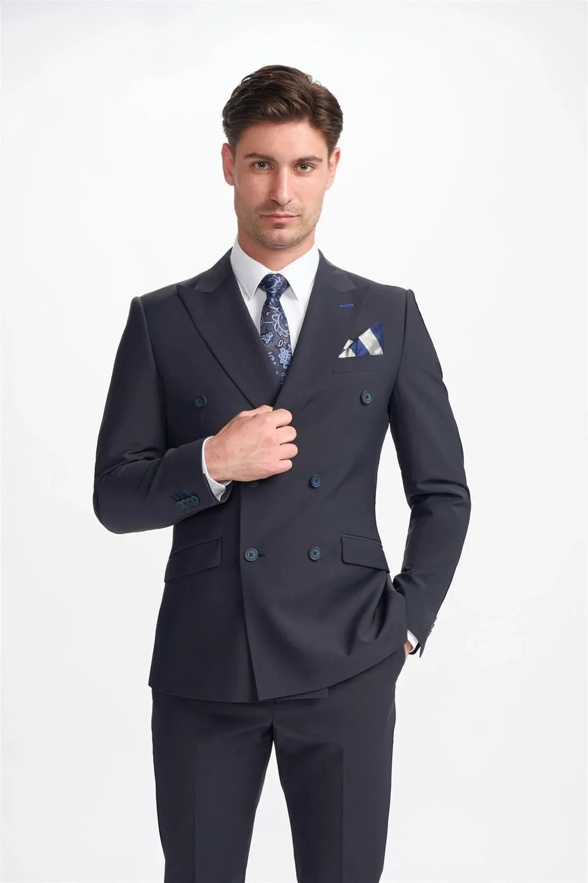 Men's Suit Dark Navy 2 Piece Double Breasted Tailored Fit Formal Wedding Dress